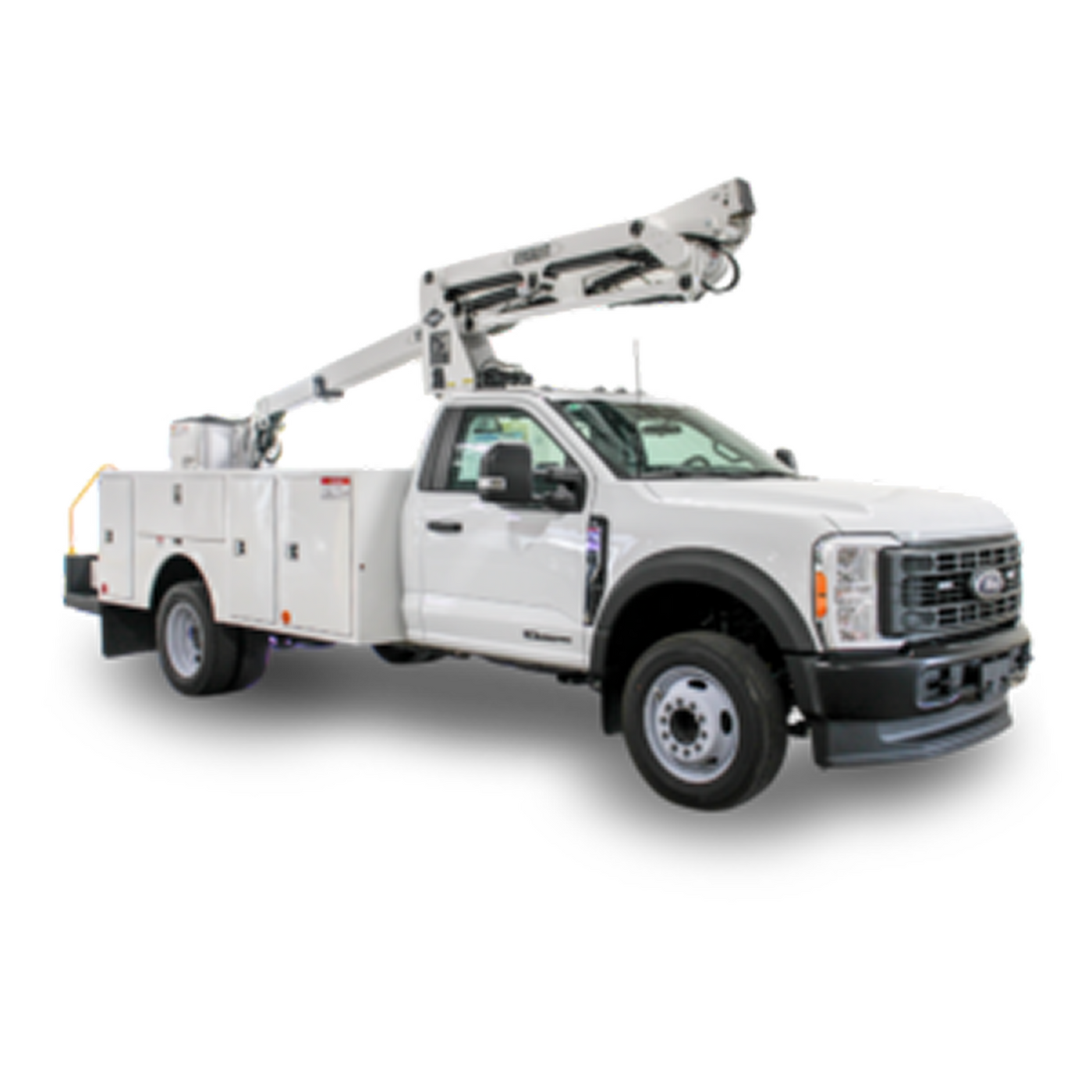 White utility truck with a crane on a white background