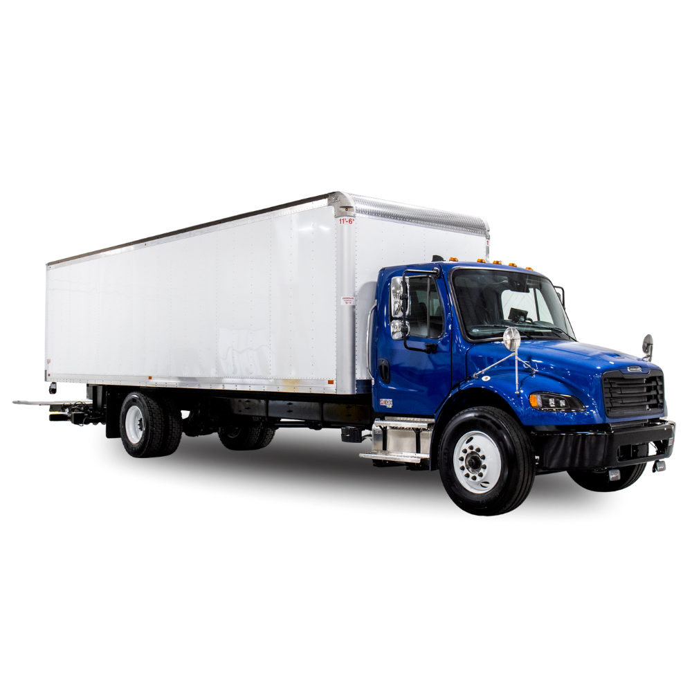 Blue truck with a white trailer on a white background