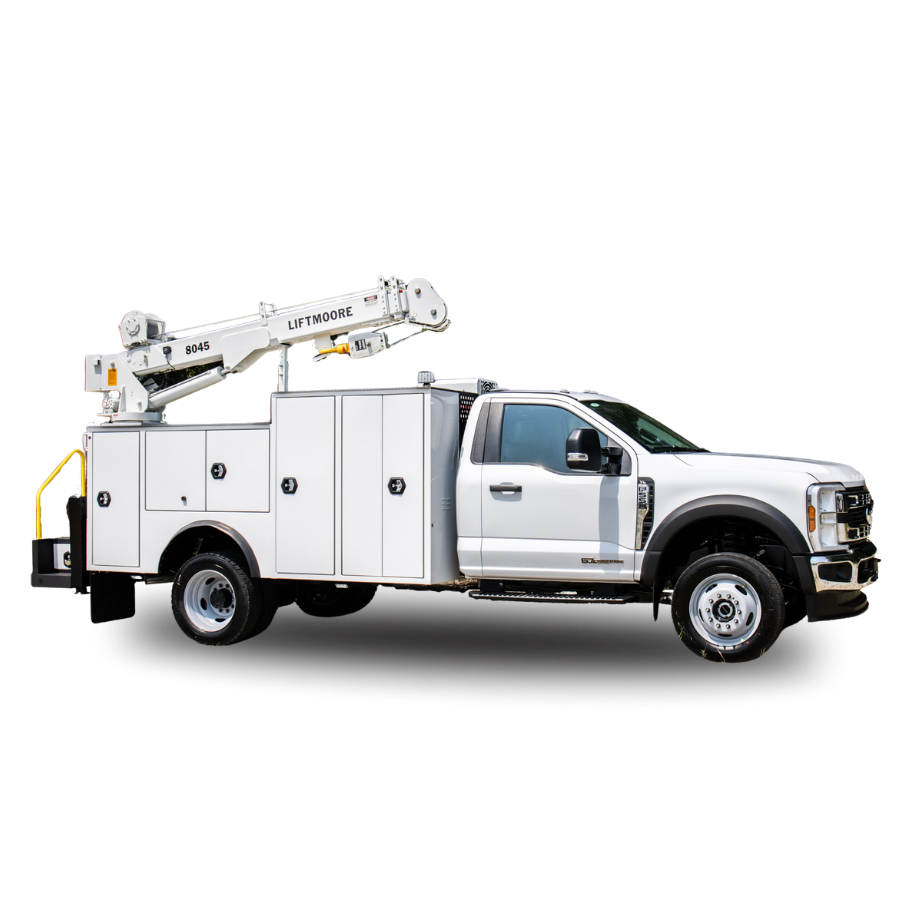 White utility truck with a crane on a white background