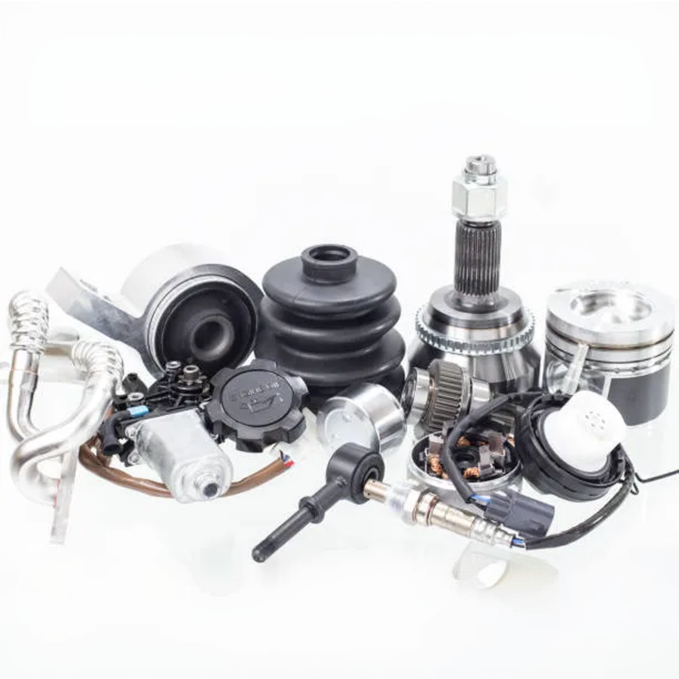 Collection of automotive parts on a white background