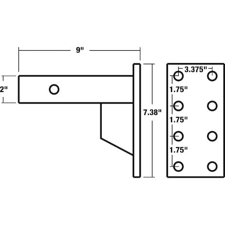 2 Inch Pintle Hitch Mounting Plate - 3 Position, 9 Inch Shank