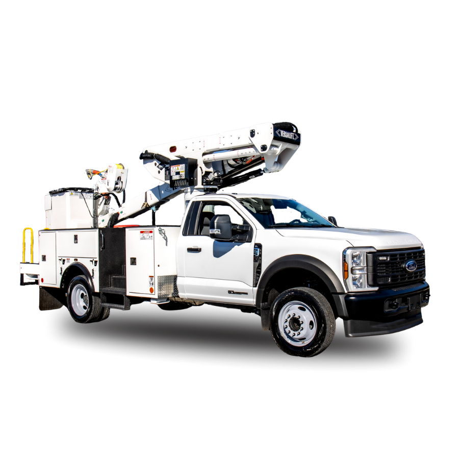 White utility truck with extended equipment on a white background