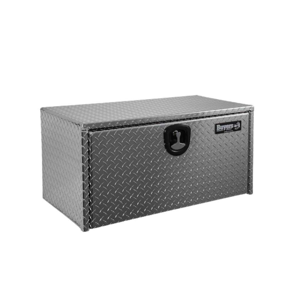 Metal toolbox with diamond plate pattern on a white background