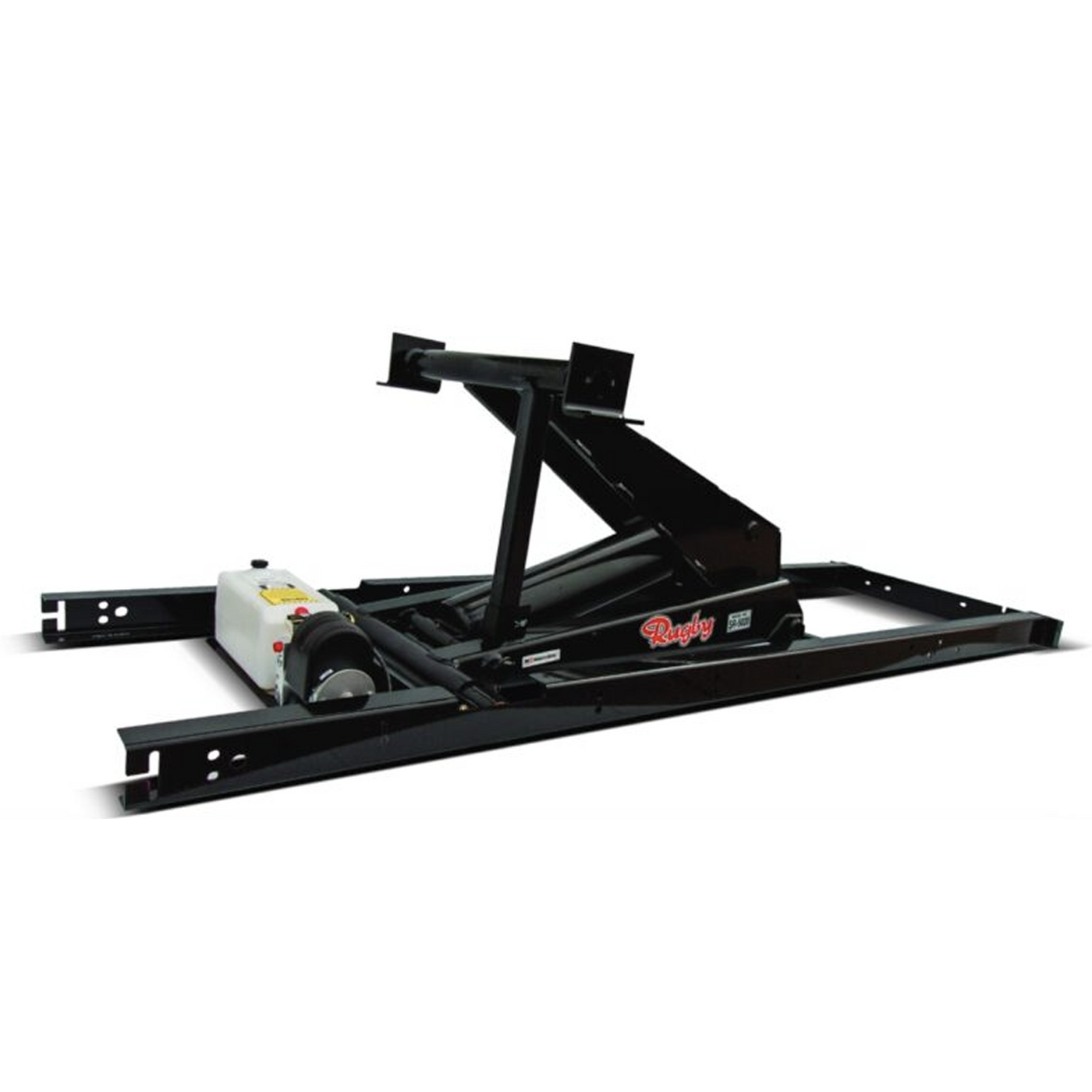 Black metal vehicle lift on a white background