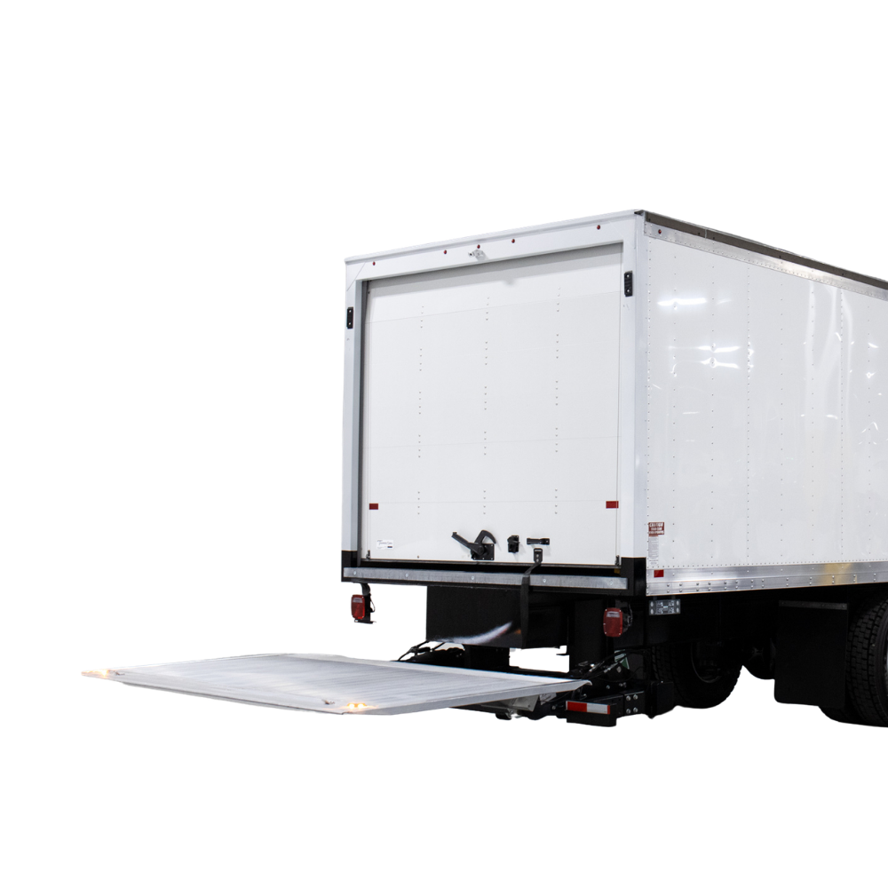 White truck trailer with a flatbed on a white background