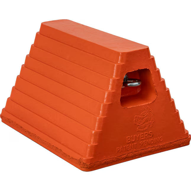 Orange Heavy Duty Rubber Wheel Chock with Recessed Chain Eye 10x8x6 Inch