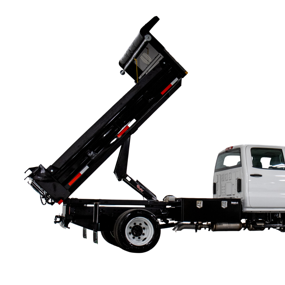 Dump truck with an extended dump bed on a white background